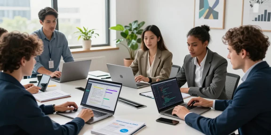 Team brainstorming session on how to build internal tools with AI in a modern office.