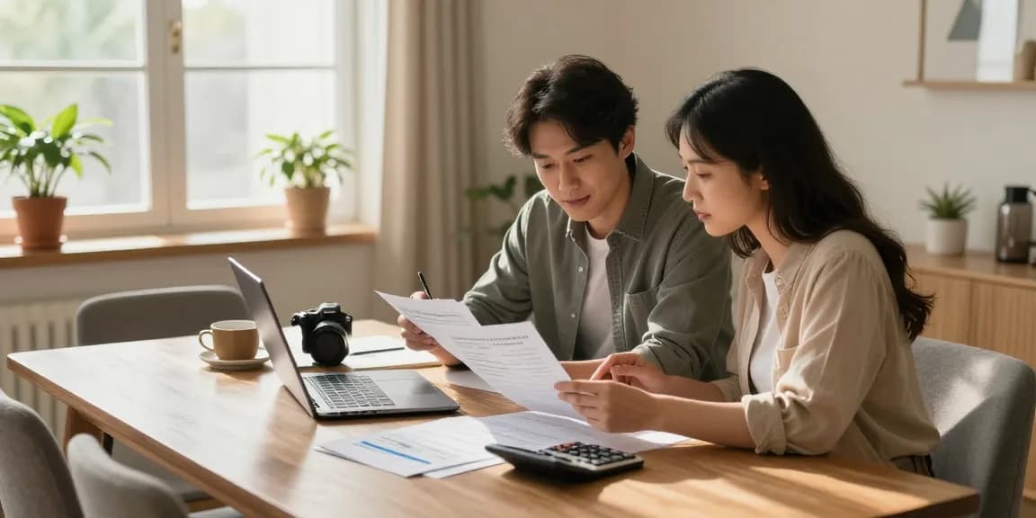 Couple using a simulador hipoteca to calculate mortgage options in a cozy home setting.