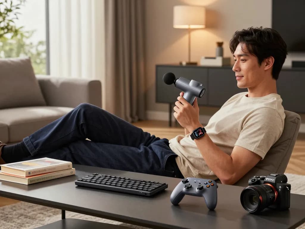 Man enjoying best tech gadgets for men like a gaming controller and smartwatch in modern living room.