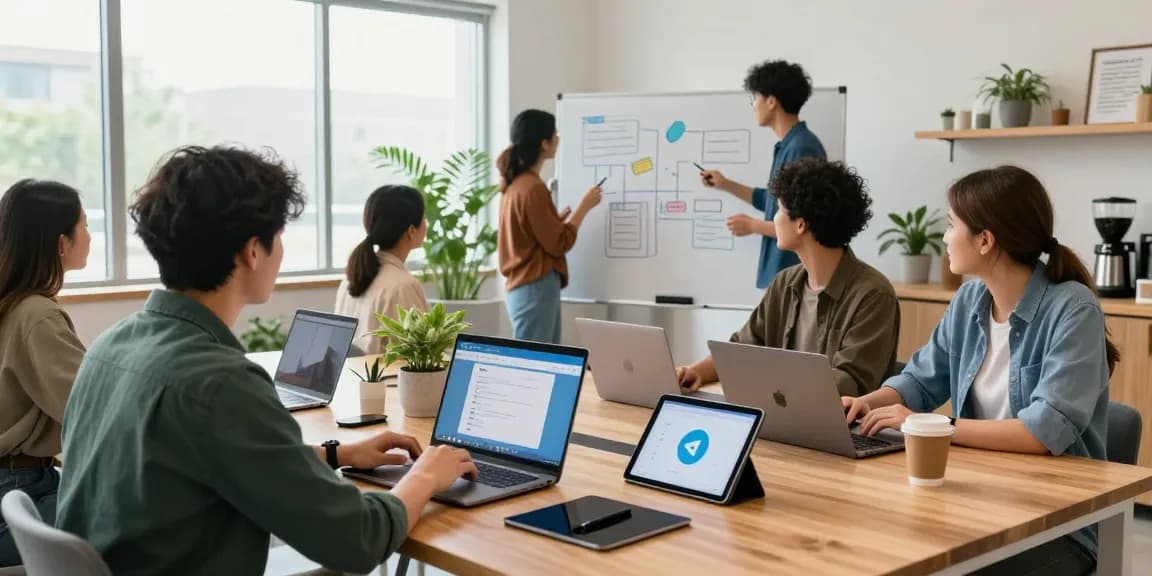 Engaging group collaboration on Telegram网页版 in a modern tech workspace.