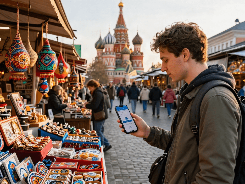 Explorando el mercado en Rusia con la aplicación https://payinrussia.com/ en el teléfono, rodeado de artesanías y comidas locales.