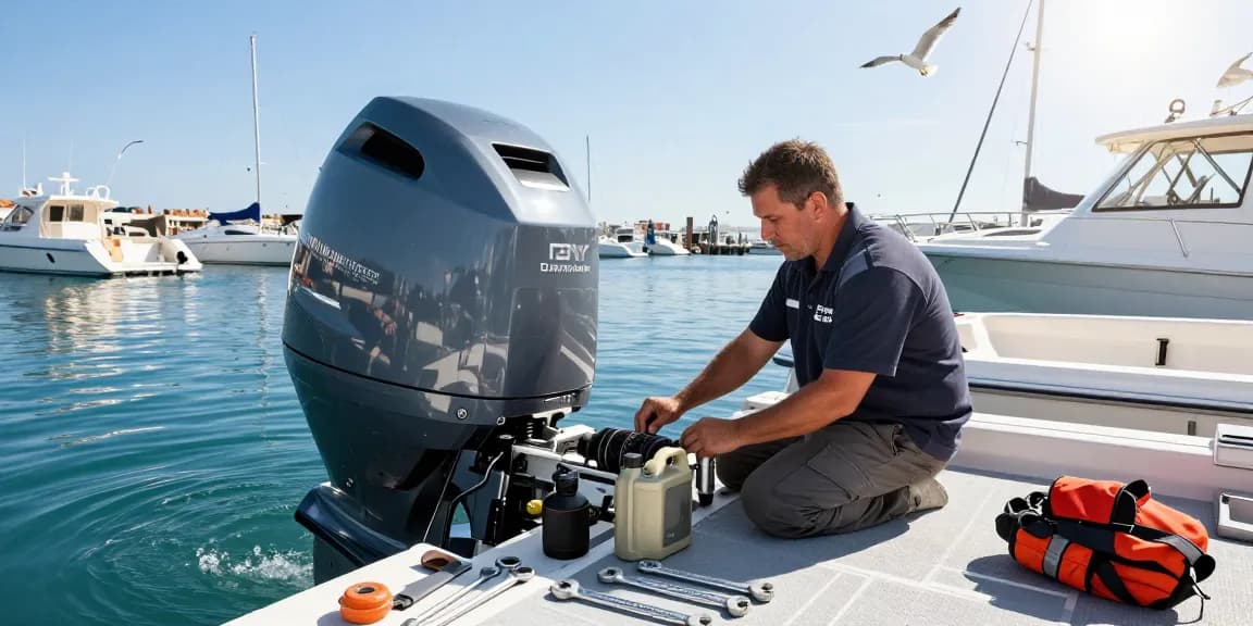 Servicio motor fueraborda en revisión en un puerto, mecánico inspeccionando motor fuera de borda.