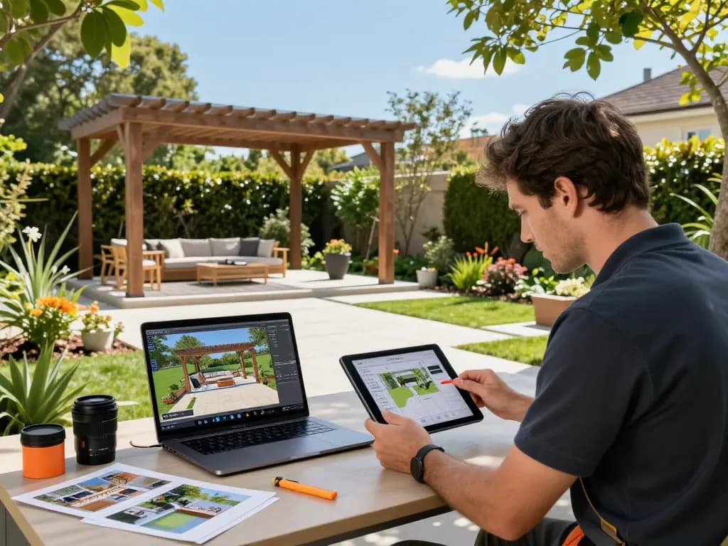 Instalador profesional utilizando software para instaladores de verandas para configurar una veranda personalizada en un jardín paisajístico.