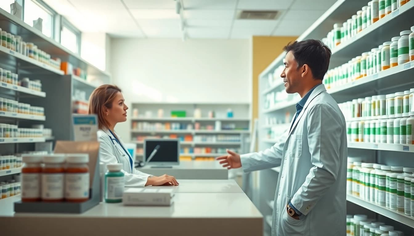 Comprar tramadol en una farmacia con un farmacéutico ayudando a un cliente.