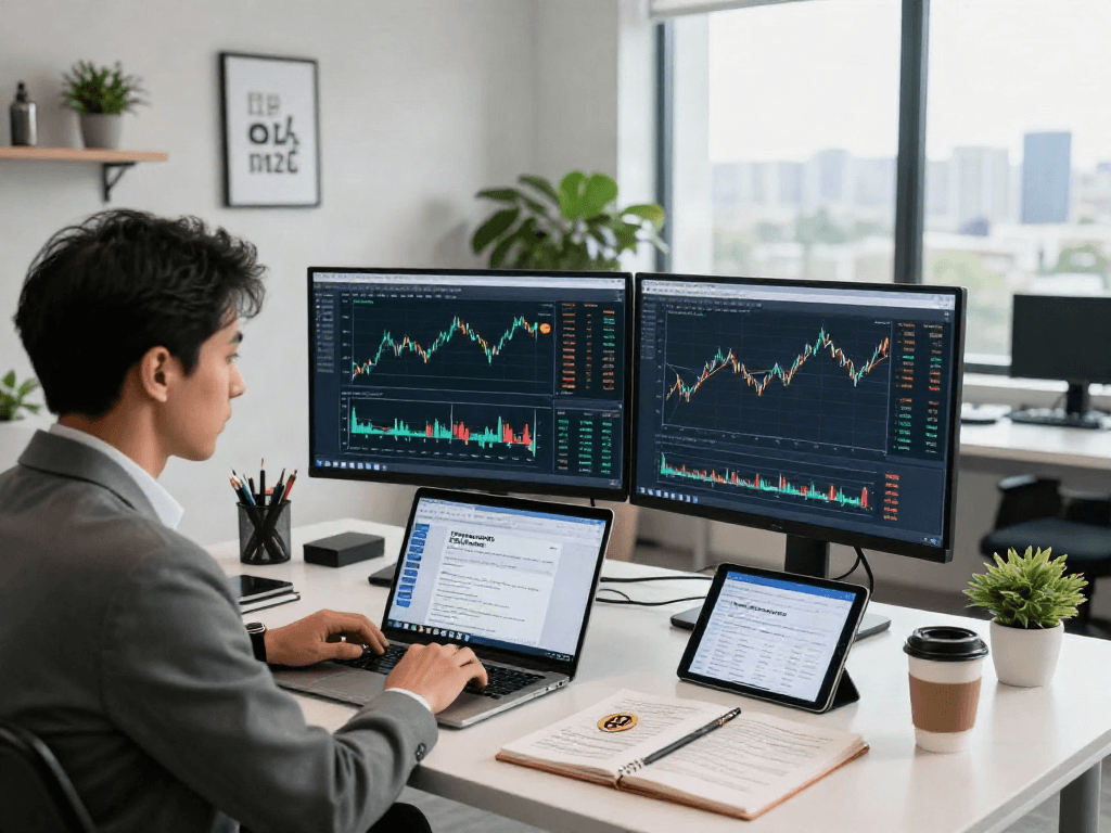 Un experto analiza cómo comprar bitcoin en su oficina moderna con gráficos y tendencias.