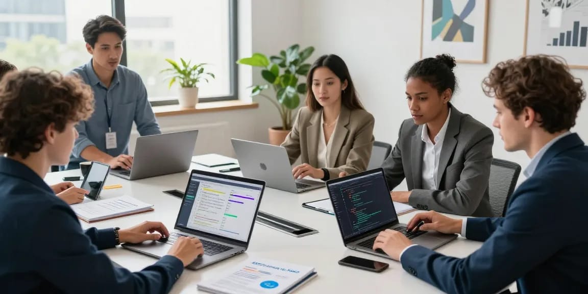 Team brainstorming session on how to build internal tools with AI in a modern office.