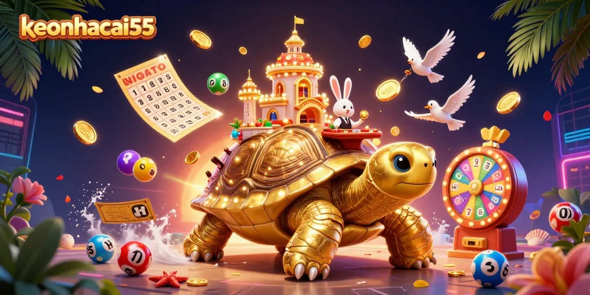 Experience the lively action of keonhacai55 with golden coins raining down amidst colorful lottery elements.
