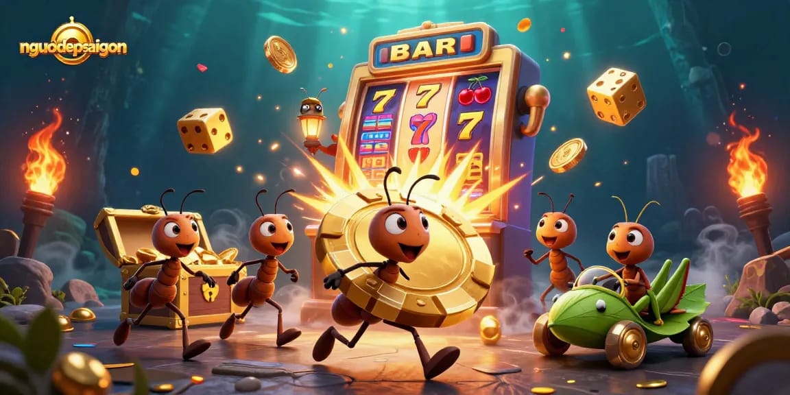 nguoidepsaigon showcases ants stealing a giant poker chip among casino elements.