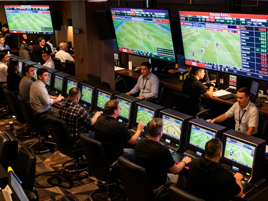 Betting strategies at XX88 with engaged players analyzing odds and live sports broadcasts.