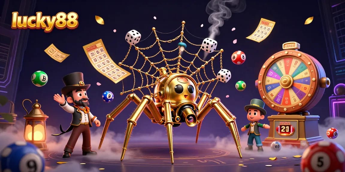 Play lucky88 with a golden spider and Victorian gentleman in a vibrant casino scene.
