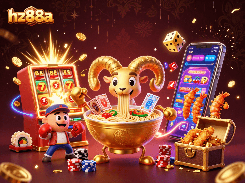 Win big at hz88a with a vibrant scene featuring a golden ramen bowl dealer and colorful casino elements.