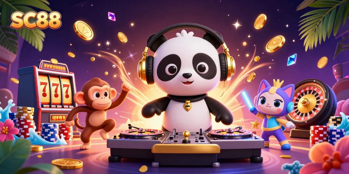 SC88 brings excitement with a DJ panda, spinning roulette wheels, and jackpot symbols.