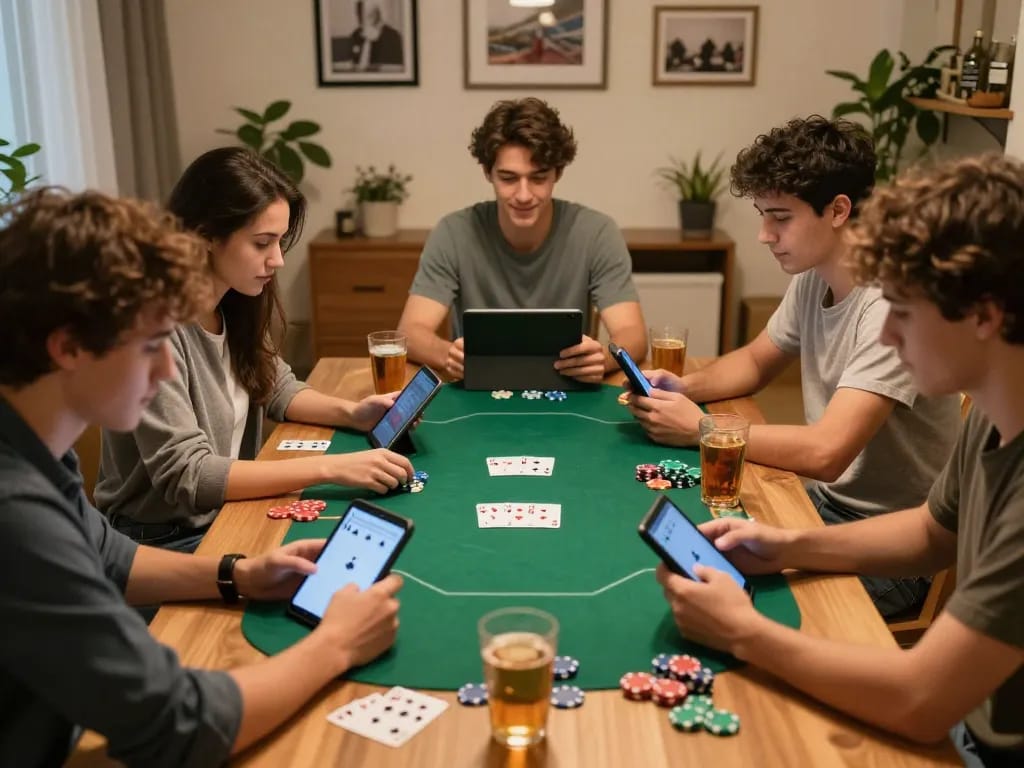 Friends enjoying an online poker game with fly88 on smartphones and tablets, showcasing a lively gaming atmosphere.