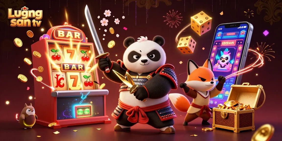 Lương sơn tv showcases a stunning 3D illustration of a samurai panda, ninja fox, and magical tanuki amidst a vibrant casino scene.