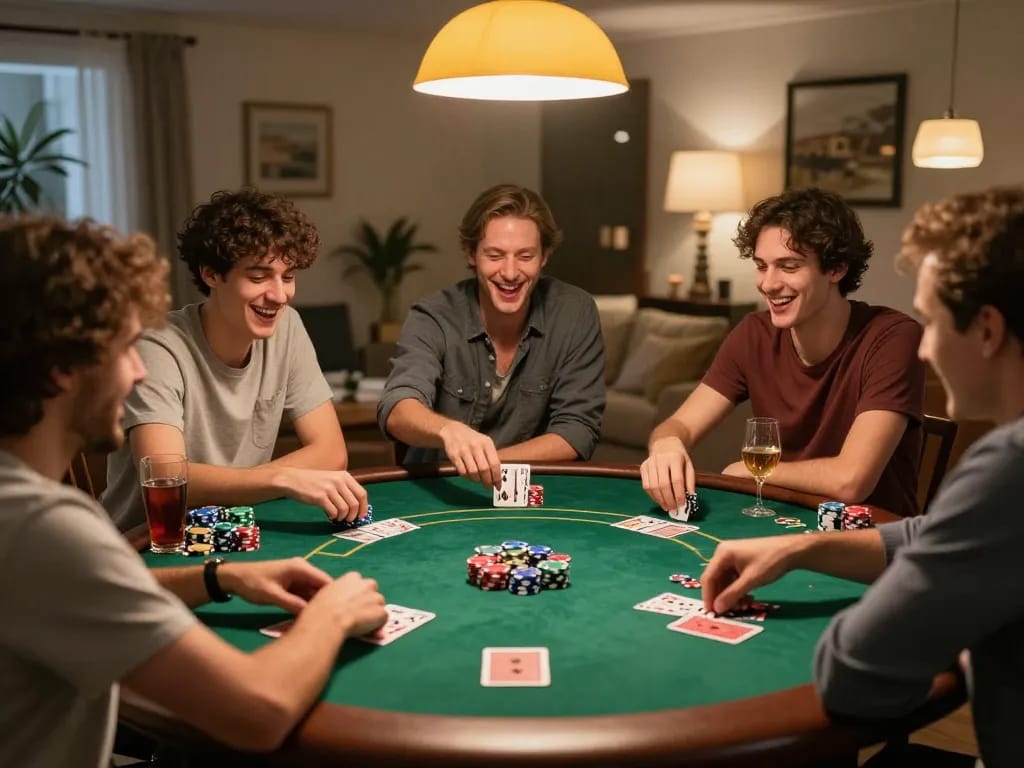 Friends enjoy an exciting poker game at home, showcasing xoso66com gaming camaraderie and strategy