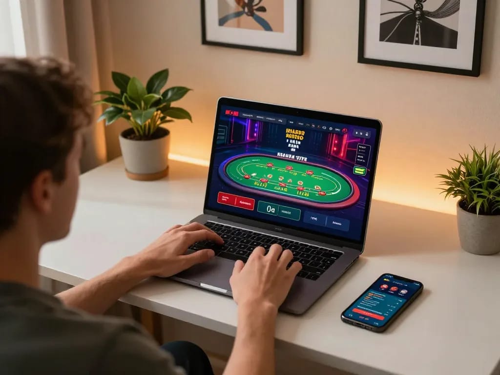 Engaging online gaming scene featuring kjc blackjack on a laptop, cozy atmosphere