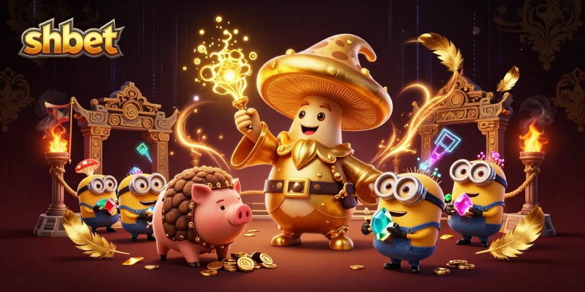 Experience thrilling moments at shbet with our vibrant 3D illustration of a golden mushroom wizard in a casino setting.