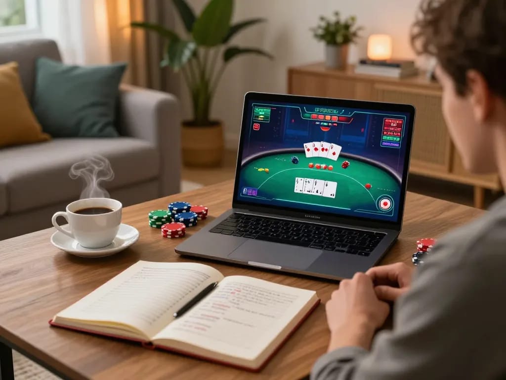 Player enjoying poker on MM88 in a cozy home setting with strategies and coffee by their side.