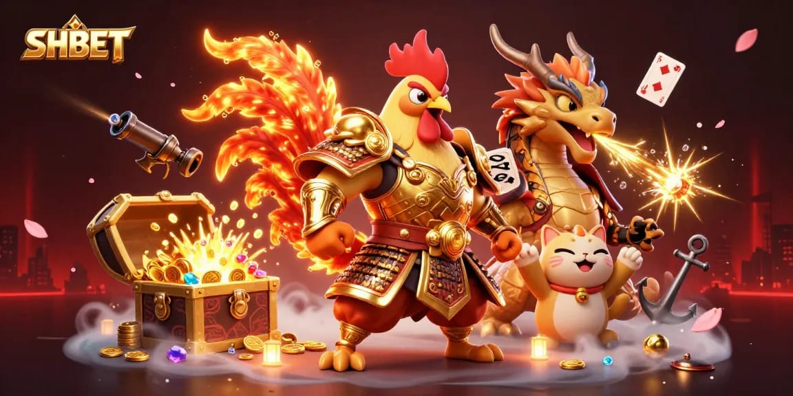Engage with SHBET's thrilling cartoon rooster and dragon in a vibrant casino setting.