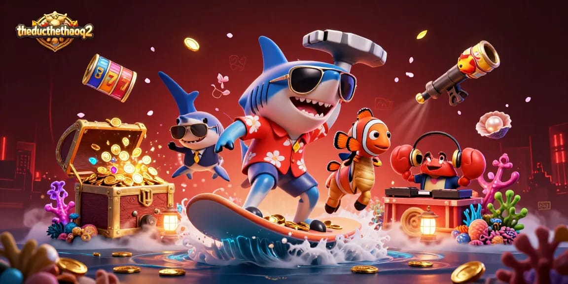 Experience thrilling slots action at theducthethaoq2 with cartoon sharks and treasures!