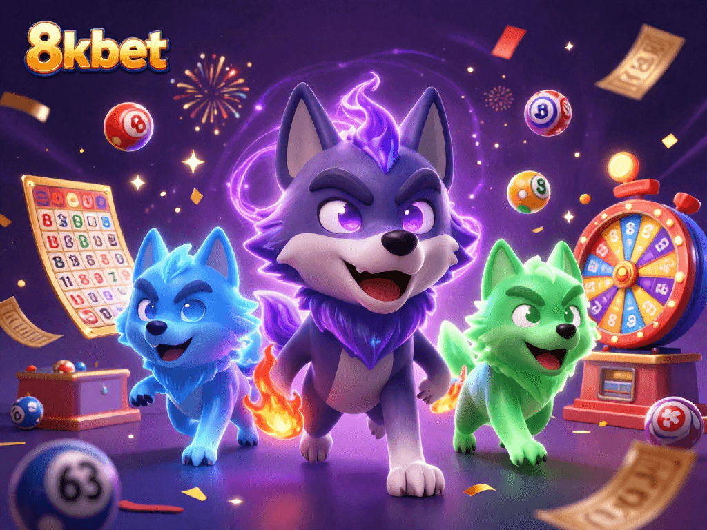 Immerse in 8xbet's exciting gaming world with a vibrant 3D casino scene showcasing wolf characters and lottery elements.