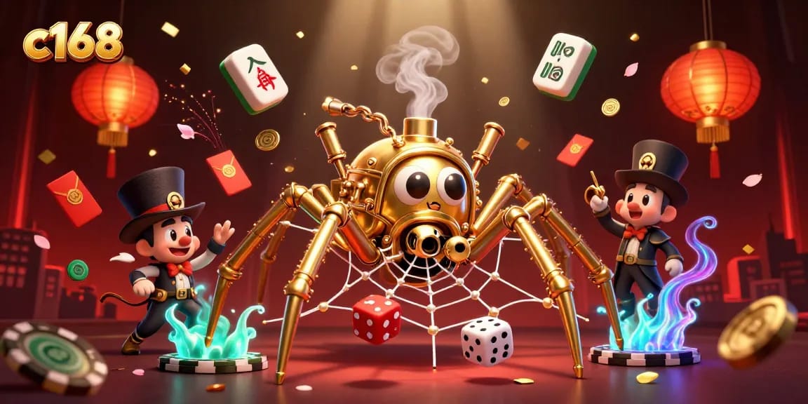 C168 enhances your online gaming experience with rich visuals of a steampunk spider and gambling elements.