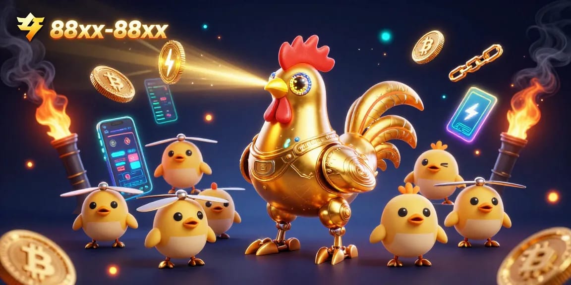 Experience the thrill of 88xx-88xx with a golden rooster robot and crypto coins amidst a dynamic scene.