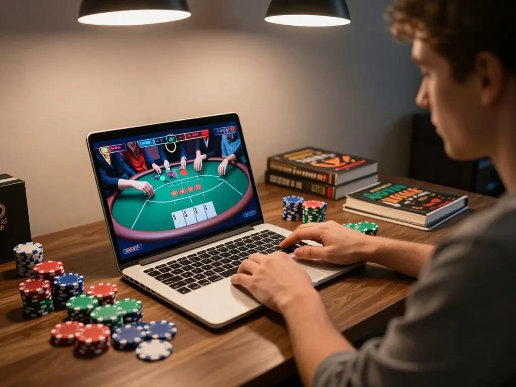 Player engaging in online poker game at MV66, showcasing vibrant setup and colorful chips.