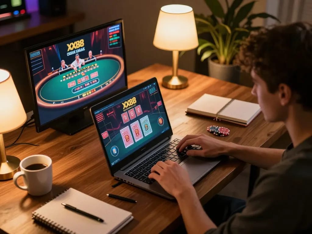 Player engaging in an online casino game at xx88 with cards visible on the screen.