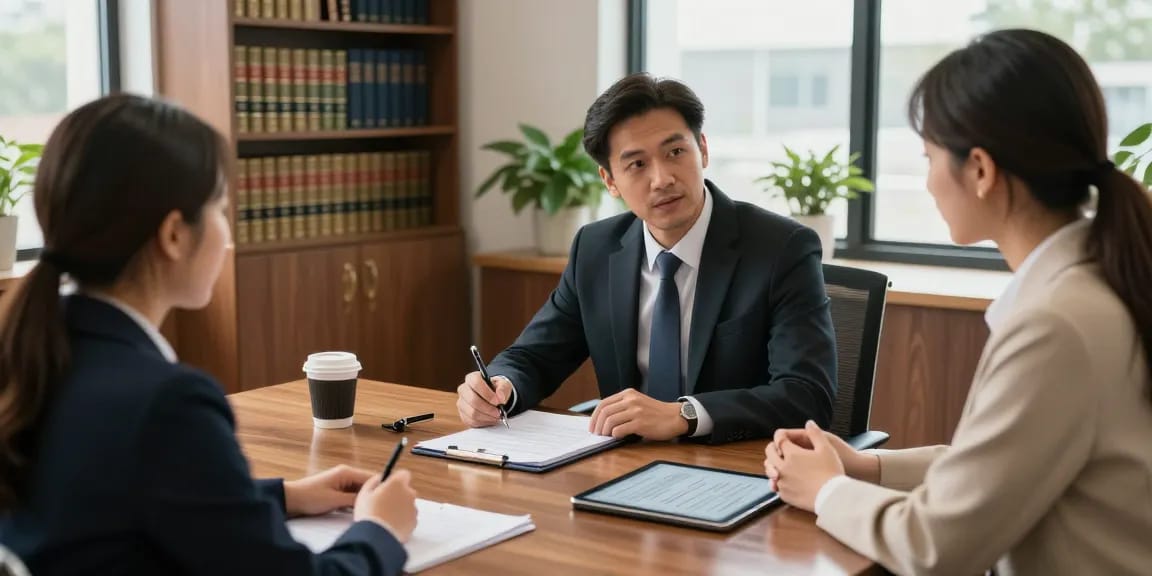 Our website showcases a legal consultation scene with a lawyer and client discussing case details in a modern office.