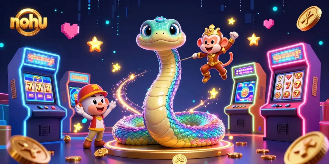 Nohu players spin colorful slot reels with dynamic jackpots and magical game elements in an electrifying scene.