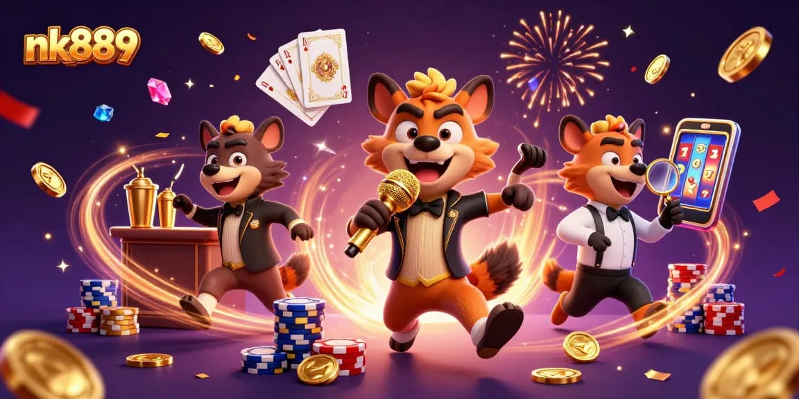 Experience fun at nk889's comedy casino with hyenas, golden coins, and exciting games.