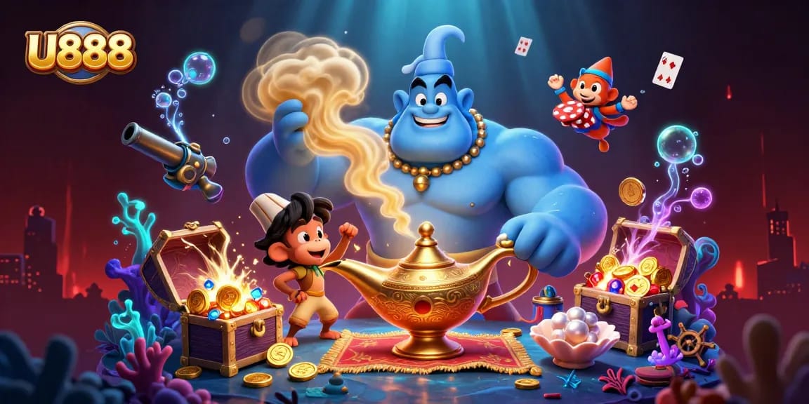 Experience U888's thrilling games with a dynamic scene featuring magical elements and vibrant casino symbols.