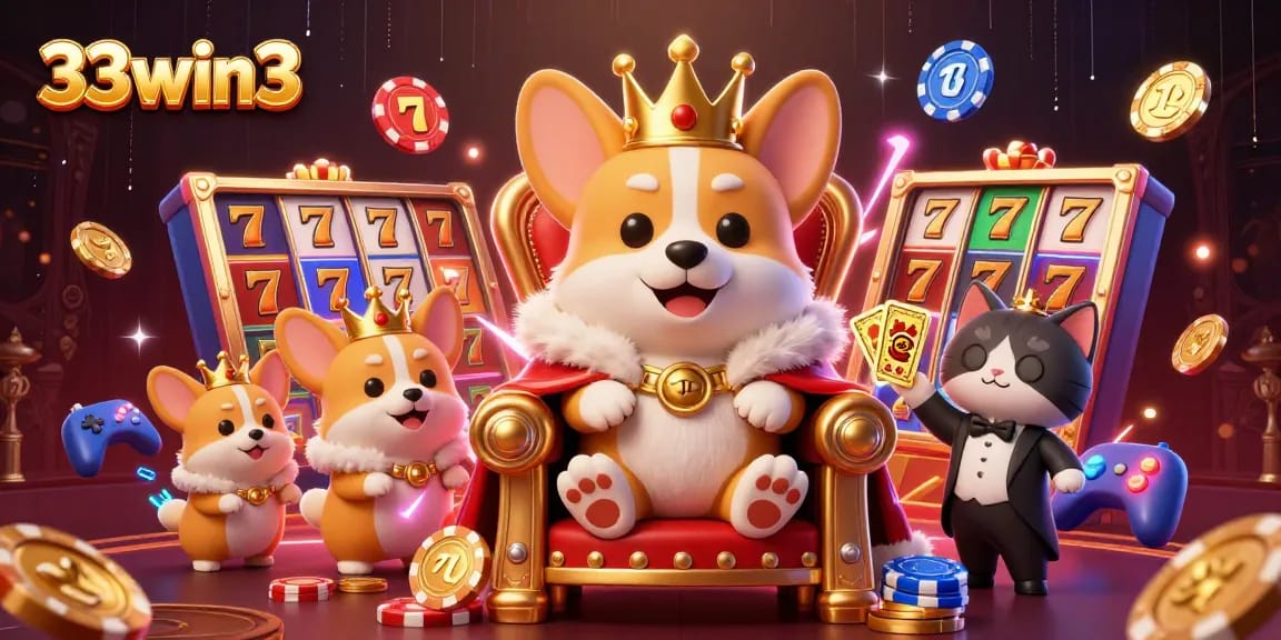 Engage with 33win3’s vibrant casino visuals featuring slots and playful corgi characters.