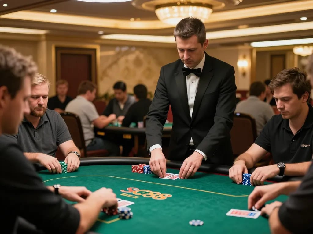 Players strategizing during a thrilling SC88 BET poker game in a luxurious casino setting