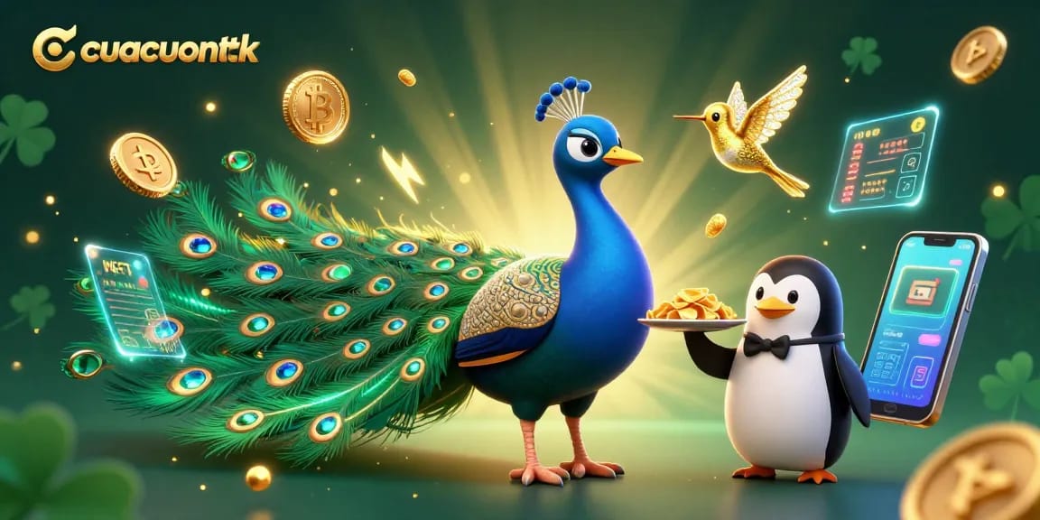 View cuacuonttk showcasing lively gambling characters with gold chips and crypto coins.