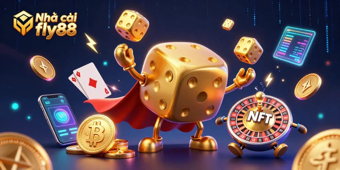 Nhà cái fly88 showcases exciting gaming elements with golden dice and crypto themes for dynamic gambling experiences.