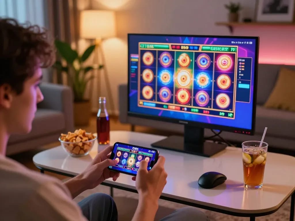 O8 player spins slots passionately on a smartphone, surrounded by snacks and a cozy atmosphere.