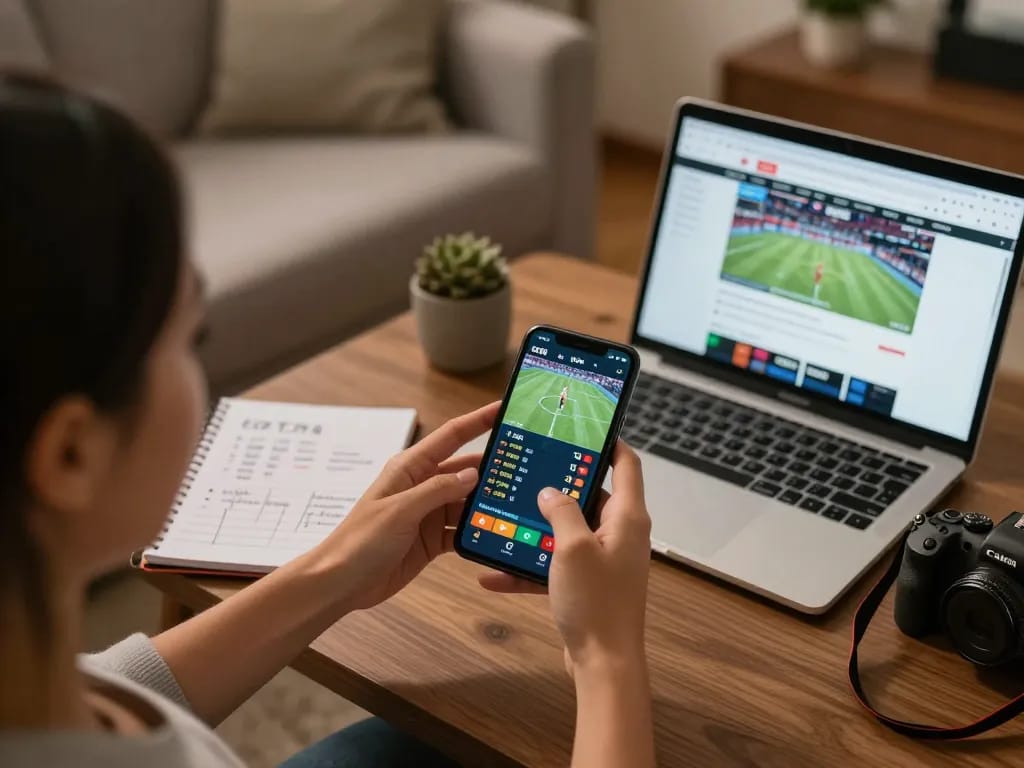 Engaged bettor using o8 com on a smartphone for live sports betting in a cozy home setting.