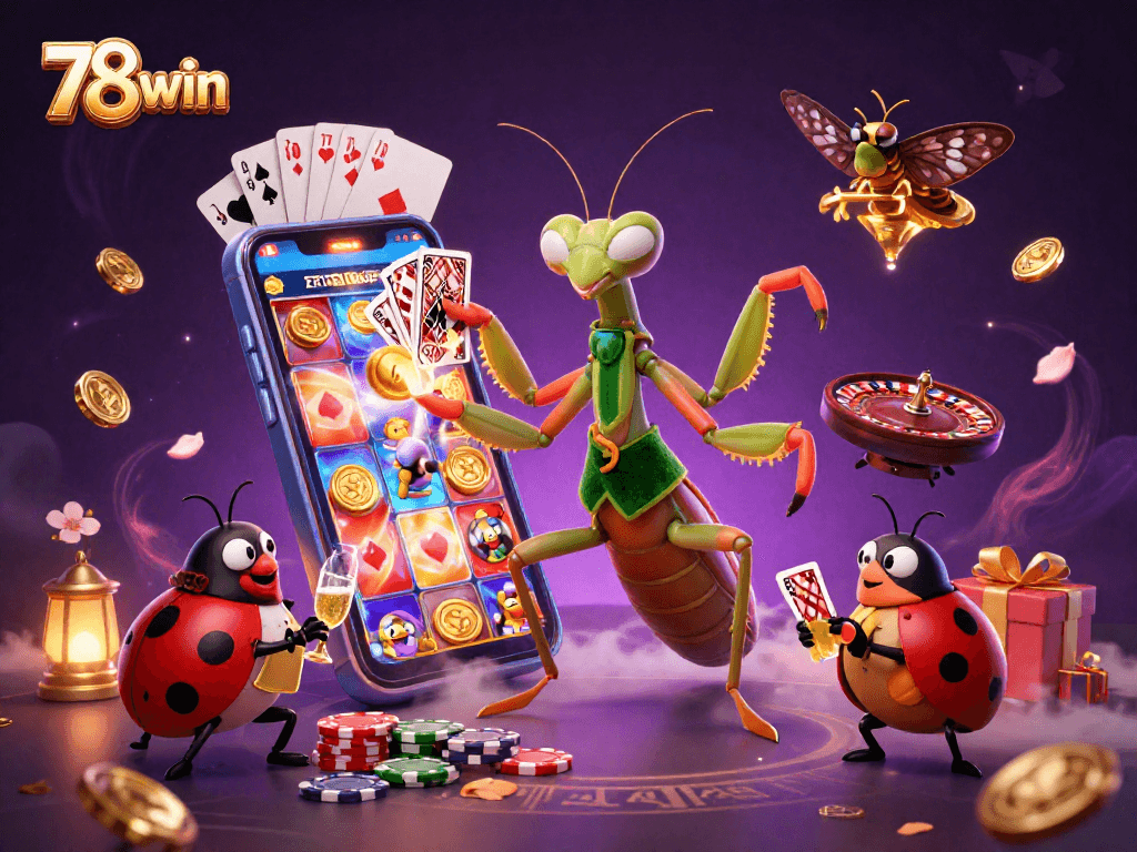 Experience thrilling action at 78win with a stylish mantis dealer and vibrant game elements.