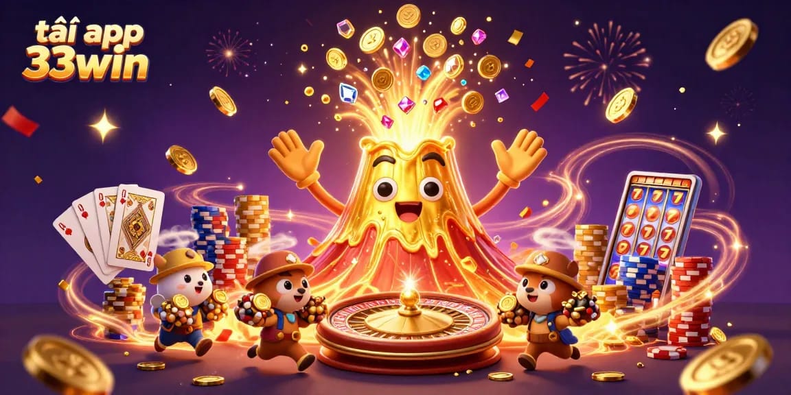 Tải app 33win to dive into thrilling casino action with a vibrant 3D illustration showcasing treasure and excitement.