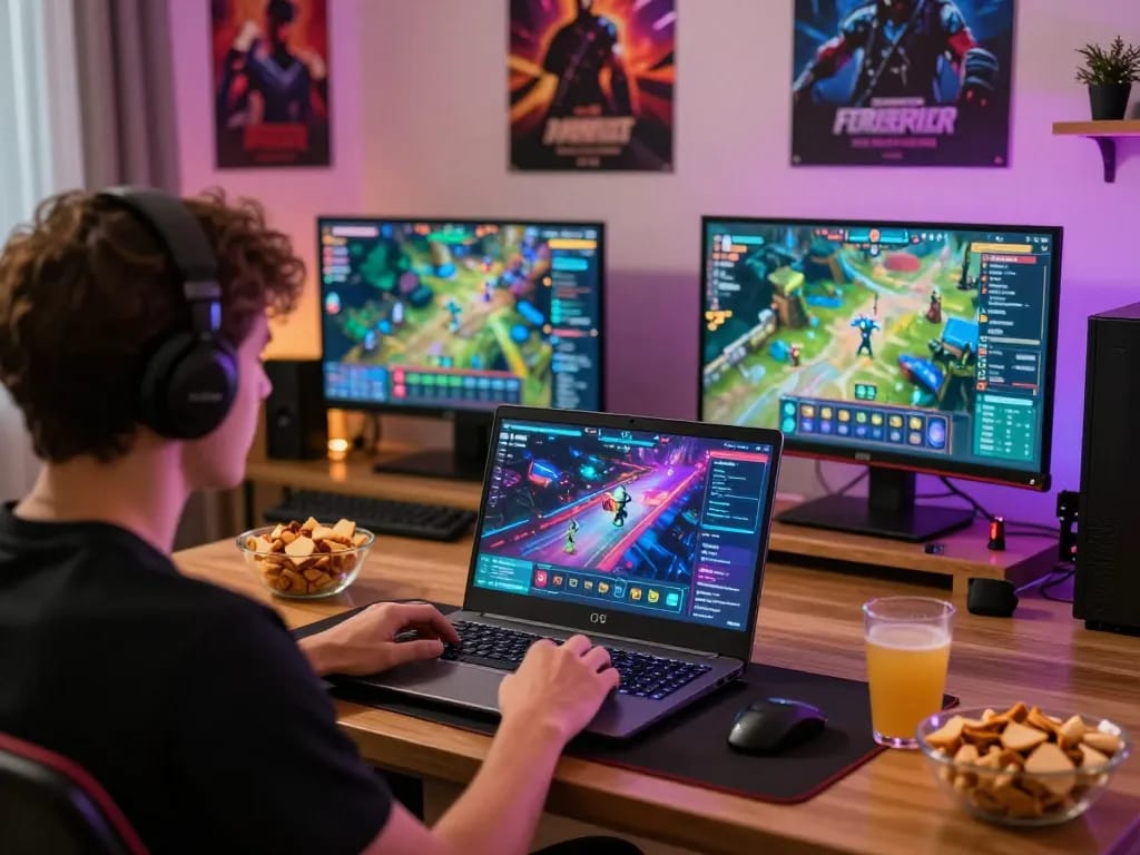 Engaged player enjoying link vào o8 on laptop in vibrant gaming setup.