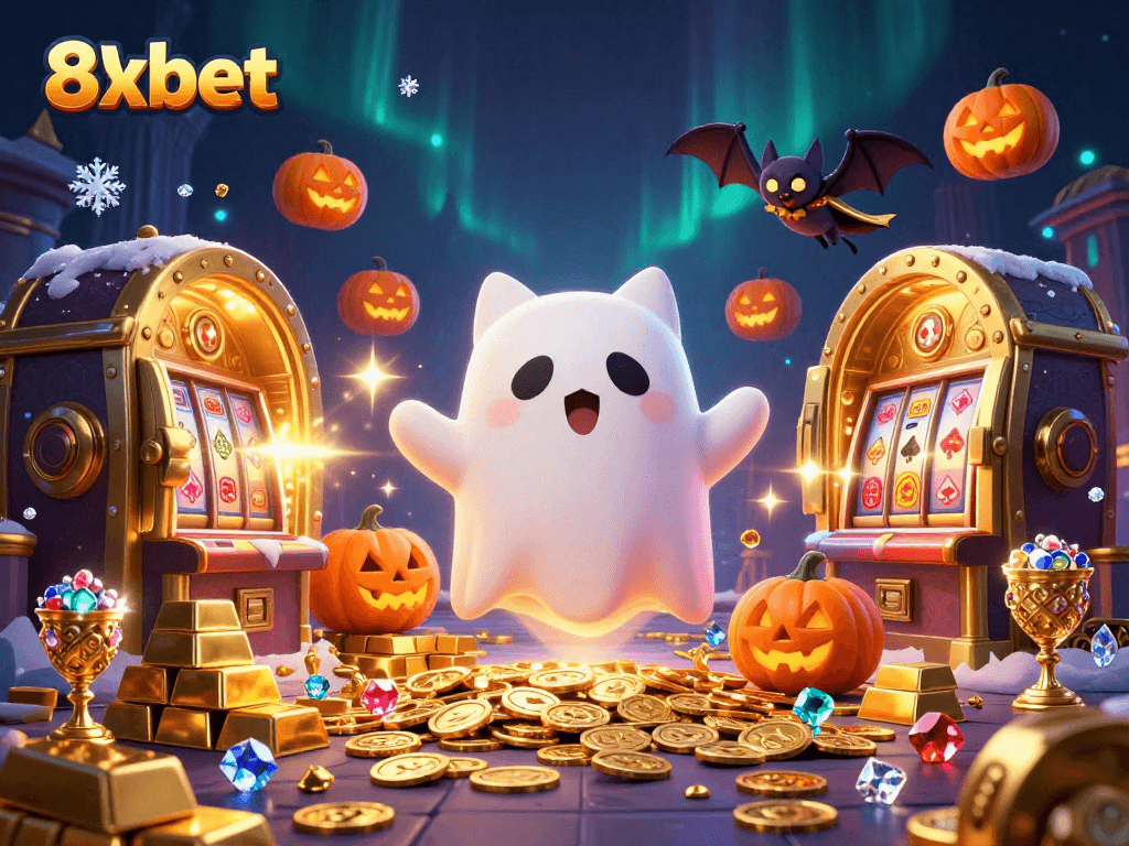 Win big at 8xbet with a lively illustration of a ghost cat, bat companion, and glowing poker pumpkins in a haunted casino.