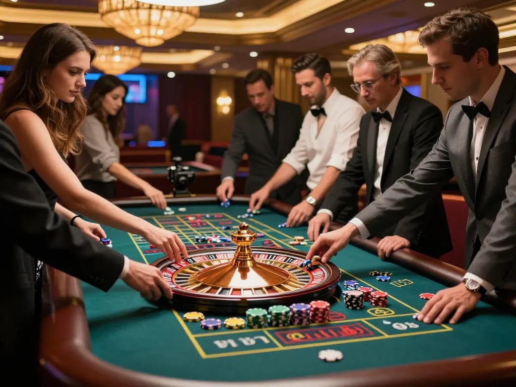 Zowin players engaging in an exciting roulette game at a vibrant casino setting.
