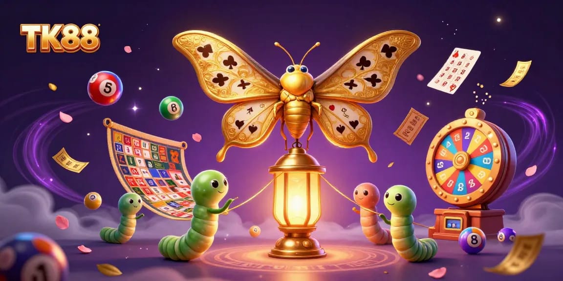 Engage with TK88's vibrant casino world featuring a golden atlas moth among lively gaming elements.