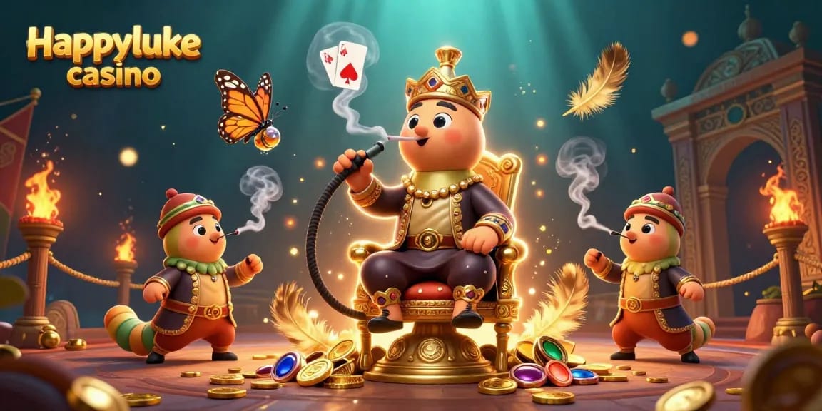Experience thrilling action at Happyluke casino with a vibrant 3D illustration featuring a whimsical caterpillar in a lavish setting.