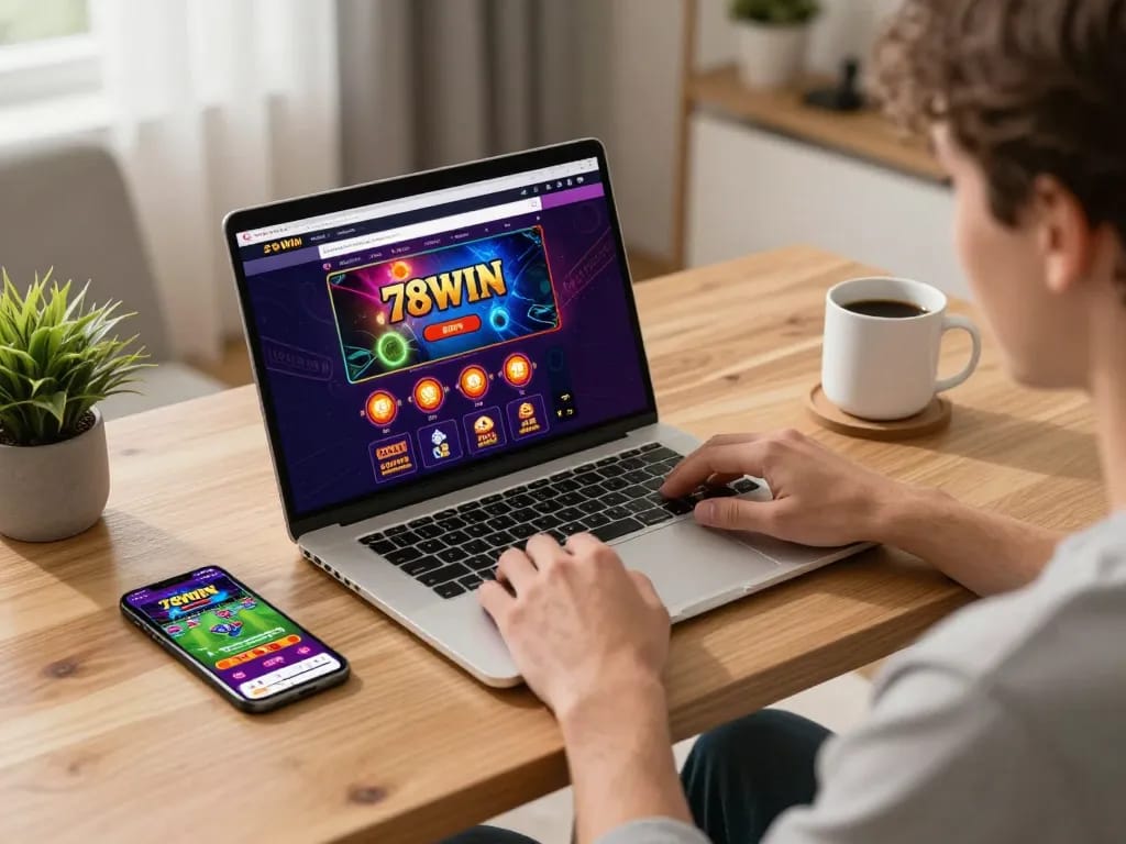 Player engaging on 78WIN online casino setup, showcasing excitement and strategy in a cozy home environment.