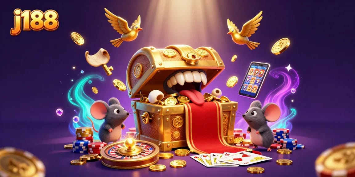 Experience the excitement of j188 with a vibrant 3D casino illustration featuring a whimsical chest and casino elements.