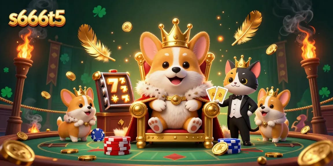 Experience thrilling gameplay at s666t5 with a vibrant casino scene featuring a royal corgi on a poker throne.