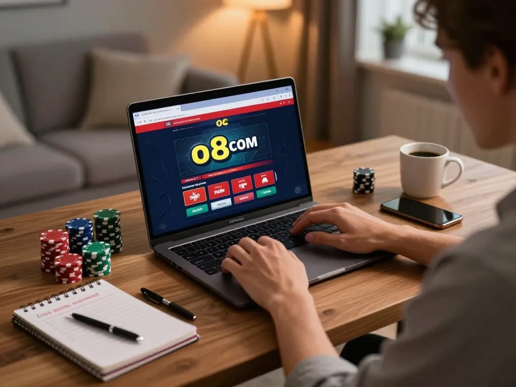 Engaged player using o8 com on laptop at home, poker chips and strategies visible.